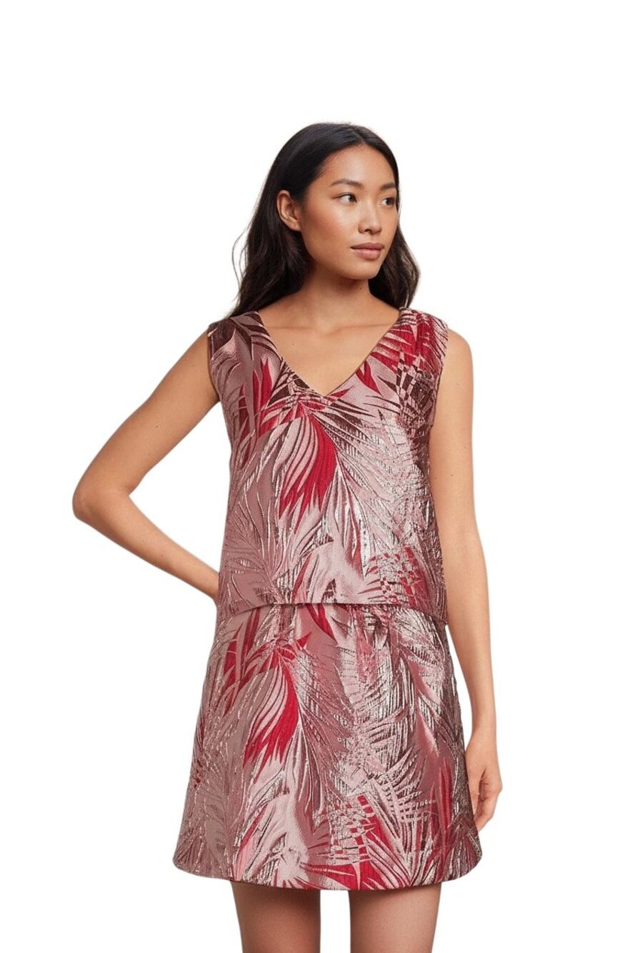 Buru $268 Le V Mod Palm Brocade Cropped V-Neckline Sleeveless Coordinating Set L
